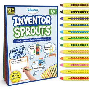 Skillmatics Inventor Sprouts activity book for ages 5–10 featuring 50 invention challenges and 12 retractable crayons. The cover shows prompts to invent helpful machines, playful examples including a robot stylist, breakfast slide and pancake printer, plus a large drawing area for kids.