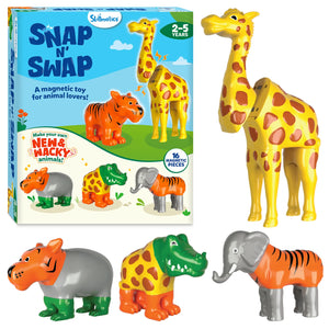 Skillmatics Snap N Swap magnetic toy for animal lovers packaging showing giraffe, tiger, elephant and crocodile characters that can be mixed and swapped into wacky animal combinations. Highlights ages 2–5 years, 16 magnetic pieces and ‘Make your own new & wacky animals’ creative play concept.