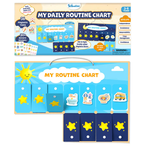 Skillmatics My Daily Routine Chart packaging showing a double-sided magnetic routine board for children ages 3–8, with 36 magnetic task pieces, 30+ reward stickers, day and night layouts, key developmental benefits, and colorful illustrations encouraging positive daily habits and independence.