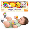 Skillmatics Wriggle & Wonder High-Contrast Rattle Socks & Wristbands for babies 0–12 months, shown with rainbow and cloud socks plus sun and star wristbands. Packaging highlights visual stimulation, sensory-rich play, early motor skills, 2 socks and 2 wristbands.