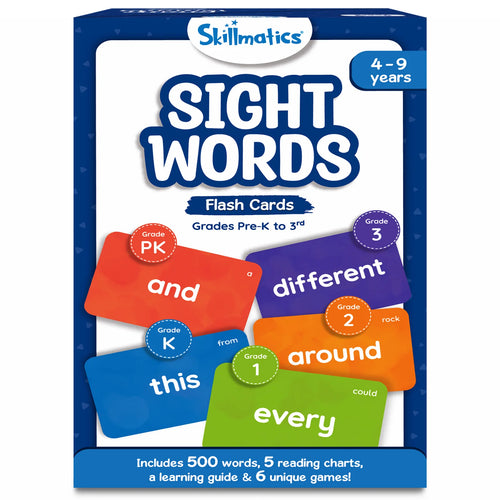 Sight Words flash cards for children ages 4-9 with 500 words, learning guide, and games