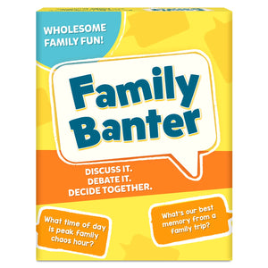 Skillmatics Family Banter card game box on a yellow and orange background. Four illustrated characters in teal shirts react with laughter, surprise, and curiosity. Two orange speech bubbles show sample questions: What time of day is peak family chaos hour and What's our best memory from a family trip. Center speech bubble displays the title. Tagline reads Discuss It, Debate It, Decide Together.