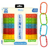 Skillmatics Linkies toy packaging showing a beige box with a clear window displaying 36 colorful plastic links arranged vertically. The brand logo appears at the top, with labels reading “36 Links” and “10–24 Months.” Icons highlight travel-friendly use, BPA-free material, and fine motor skill development. A chain of connected orange, green, blue, red, and yellow links is shown beside the box.