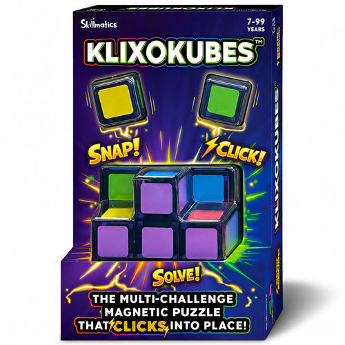 Skillmatics Klixokubes product display featuring the game box alongside several individual magnetic cubes with colorful faces. A partially completed cube structure is shown on the packaging, illustrating how the cubes connect to solve spatial and logic-based puzzle challenges.