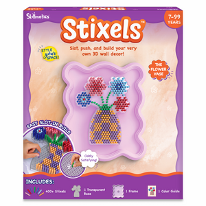 Skillmatics Stixels Flower Vase craft kit box for ages 7–99, featuring a completed 3D flower vase design made with colorful slot-in Stixels. Packaging highlights “Style Your Space,” easy slot-in build, 400+ Stixels, transparent base, frame, color guide, and wall décor display concept.