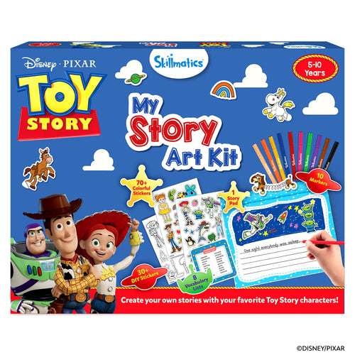 Skillmatics Disney Pixar Toy Story My Story Art Kit box for ages 5–10 years on a blue background. Includes 70+ colorful stickers, 30+ DIY stickers, 1 story pad, 10 markers, and 8 vocabulary lists. Bottom text reads "Create your own stories with your favorite Toy Story characters!" Skillmatics logo at top center.
