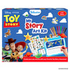 Skillmatics Disney Pixar Toy Story My Story Art Kit box for ages 5–10 years on a blue background. Includes 70+ colorful stickers, 30+ DIY stickers, 1 story pad, 10 markers, and 8 vocabulary lists. Bottom text reads 