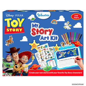 Skillmatics Disney Pixar Toy Story My Story Art Kit box for ages 5–10 years on a blue background. Includes 70+ colorful stickers, 30+ DIY stickers, 1 story pad, 10 markers, and 8 vocabulary lists. Bottom text reads "Create your own stories with your favorite Toy Story characters!" Skillmatics logo at top center.