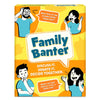 Skillmatics Family Banter card game box on a yellow and orange background. Four illustrated characters in teal shirts react with laughter, surprise, and curiosity. Two orange speech bubbles show sample questions: What time of day is peak family chaos hour and What's our best memory from a family trip. Center speech bubble displays the title. Tagline reads Discuss It, Debate It, Decide Together.