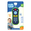 Skillmatics Push & Pop TV Remote baby toy for ages 9–24 months. The packaging shows a navy-blue and green silicone toy with colourful pop buttons designed for sensory play and pretend TV fun. The toy is waterproof, food-grade, and non-toxic. A smiling baby is holding the remote. Text highlights “Learn to count from 0 to 9” and “Made with baby-safe silicone.” A perfect fidget toy for early learning.