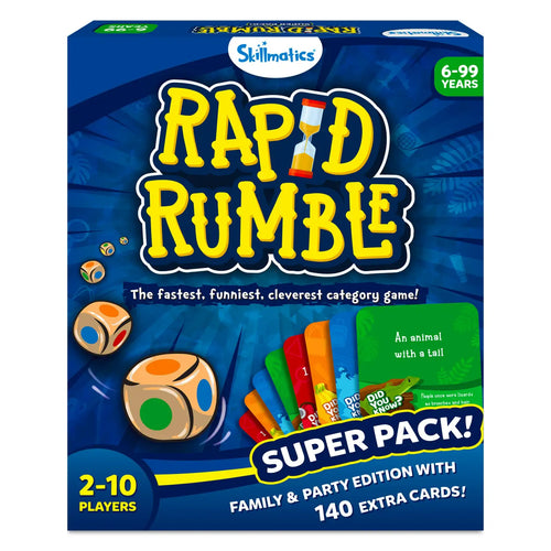 Blue Rapid Rumble Superpack box with dice, cards, and hourglass for family fun