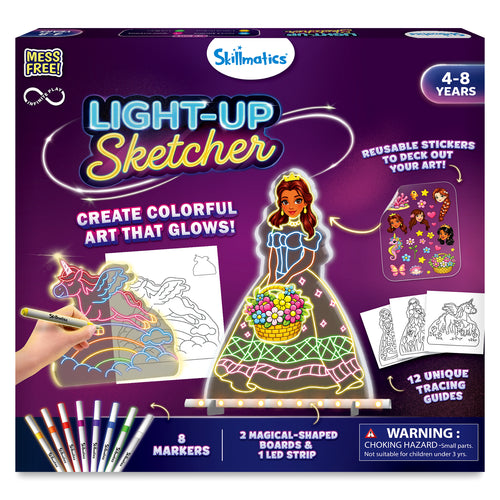 Skillmatics Light-Up Sketcher box for ages 4–8, with glowing princess, unicorn and rainbow artwork, reusable stickers, 12 tracing guides, 8 markers, two magical-shaped boards, LED strip and stands. Purple packaging highlights mess-free play and includes a small-parts warning.