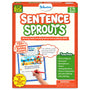 Skillmatics Sentence Sprouts activity book for ages 6 to 10. Orange box shows a beach scene worksheet with a child writing, plus a thought bubble. Green panel lists topics: Parts of Speech, Synonyms, Homophones, Tenses, Story Writing. Includes 50 double-sided pages and 4 pencils.