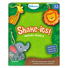 Front view of the Skillmatics “Shake-its! Amazing Animals” activity kit packaging in green jungle styling. The box shows illustrated animal foam keychain shapes including a giraffe, lion, and elephant filled with glitter confetti. Text includes the Skillmatics logo, age range 4–9 years, a warning about small parts, and the phrase “Make ’em, shake ’em, wear ’em,” along with jungle leaves and sparkle accents.