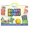 Colorful front packaging of the Skillmatics Brain Blocks STEM learning game for ages 4–7. The box shows patterned geometric blocks, spheres, and pyramids in bright colors, with text highlighting 60 challenges, 3 difficulty levels, and 25 unique blocks. Branding, carry handle, safety warning, and “3D puzzles for problem-solvers and curious minds” message are clearly displayed.