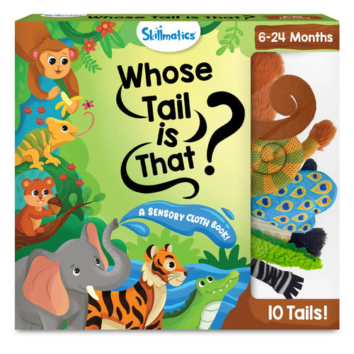 The front cover of the 'Whose Tail is That?' sensory cloth book packaging, featuring vibrant illustrations of a giraffe, lion, elephant, and tiger. The book is designed for babies aged 6-24 months and includes over 10 different textured tails. The packaging emphasizes the book's interactive sensory elements, with a clear window showing the plush tails attached to the book, inviting curiosity and tactile exploration for young children.