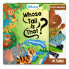 The front cover of the 'Whose Tail is That?' sensory cloth book packaging, featuring vibrant illustrations of a giraffe, lion, elephant, and tiger. The book is designed for babies aged 6-24 months and includes over 10 different textured tails. The packaging emphasizes the book's interactive sensory elements, with a clear window showing the plush tails attached to the book, inviting curiosity and tactile exploration for young children.