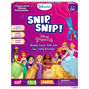 Front view of the Skillmatics “Snip, Snip!” Disney Princess activity kit box with a bright pink background. The cover shows child-safe scissors, the title “Snip, Snip!”, age range 3–7 years, and illustrated Disney Princess characters lined along the bottom. Labels highlight cutting levels for straight, curved, and zigzag lines, along with “Cut, Fold, Paste” activity icons.