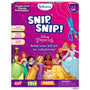 Front view of the Skillmatics “Snip, Snip!” Disney Princess activity kit box with a bright pink background. The cover shows child-safe scissors, the title “Snip, Snip!”, age range 3–7 years, and illustrated Disney Princess characters lined along the bottom. Labels highlight cutting levels for straight, curved, and zigzag lines, along with “Cut, Fold, Paste” activity icons.
