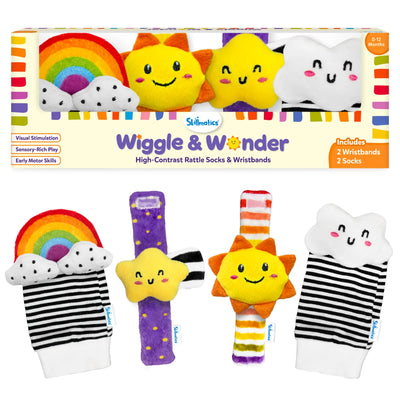 Skillmatics Wriggle & Wonder High-Contrast Rattle Socks & Wristbands for babies 0–12 months, shown with rainbow and cloud socks plus sun and star wristbands. Packaging highlights visual stimulation, sensory-rich play, early motor skills, 2 socks and 2 wristbands.