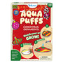 Skillmatics Aqua Puffs Christmas Ornaments 3D art kit packaging for ages 4-10. Shows festive ornament designs including bauble, gingerbread figure, teddy bear, candy cane, Santa, and striped ornaments. Includes steps to colour, add water, and watch art grow, with markers, water pen, string, and 8 Aqua Puffs.