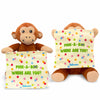 A brown plush monkey sits upright holding a soft cream-colored cloth with multicolored dots. The cloth covers its face in one version and is held below its eyes in another. The text “Peek-a-boo, where are you?” and a small blue Skillmatics logo appear on the cloth. The monkey has stitched facial features, light beige inner ears, and soft limbs positioned outward.