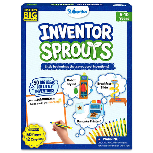 Skillmatics Inventor Sprouts activity book for ages 5–10 featuring 50 invention challenges and 12 retractable crayons. The cover shows prompts to invent helpful machines, playful examples including a robot stylist, breakfast slide and pancake printer, plus a large drawing area for kids.