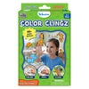 Front packaging of Skillmatics Color Clingz Amazing Animals for ages 3–7, shown in a bright green box. The pack highlights “Mess Free” play and “40+ Static Stickers.” A smiling child is pictured applying colorful animal stickers to a window, including a giraffe, elephant, monkey, turtle, and parrot. Icons at the bottom show the steps: color, peel, and cling, with a safety warning printed below.