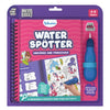 Skillmatics Water Spotter Unicorns and Princesses reusable activity book packaging for ages 4–8, featuring a spiral-bound search and find book with a pink and purple cover, unicorn and princess illustrations, ocean-themed pages, and a refillable blue water pen attached on the side. The pack highlights mess-free play, spot-color-repeat learning, and 100+ hidden objects revealed using water.