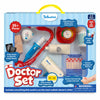 Front view of the Skillmatics Doctor Set for ages 3-8 featuring a realistic pretend play medical kit with over 35 pieces. Visible through the display window are a stethoscope, syringe, thermometer, pulse oximeter, medicine bottle, blood pressure monitor, bandages, injury stickers, and X-ray sheets.