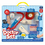 Front view of the Skillmatics Doctor Set for ages 3-8 featuring a realistic pretend play medical kit with over 35 pieces. Visible through the display window are a stethoscope, syringe, thermometer, pulse oximeter, medicine bottle, blood pressure monitor, bandages, injury stickers, and X-ray sheets.