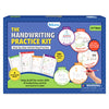 Skillmatics The Handwriting Practice Kit box front shown on a blue background. The packaging highlights step-by-step handwriting practice for ages 4–7 with four learning levels: patterns, uppercase letters, lowercase letters, and numbers. Circular icons, sample workbook pages, and a “100+ practice pages” badge emphasize skill development and fine-motor control.