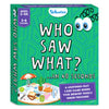 Front view of the Skillmatics game box titled “Who Saw What? …In 60 Seconds.” The box has a green patterned background with playful illustrated eyes at the top. A purple badge shows “Ages 7–99” and “3–6 Players.” At the bottom, a busy illustrated tray shows everyday objects like toast, milk, iron, cactus, tennis ball, umbrella, cups, and tools. A purple callout reads “A lightning-fast card game where your memory panics under pressure!”