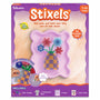 Skillmatics Stixels Flower Vase craft kit box for ages 7–99, featuring a completed 3D flower vase design made with colorful slot-in Stixels. Packaging highlights “Style Your Space,” easy slot-in build, 400+ Stixels, transparent base, frame, color guide, and wall décor display concept.