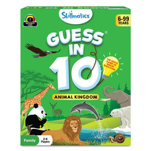 Green board game box for Guess in 10 Animal Kingdom trivia game for ages 6+ and 2-6 players