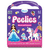 Skillmatics Peelies Unicorns and Princesses spiral-bound activity book for ages 3 to 7 with a built-in purple carry handle. Cover features a princess in a blue gown, a winged unicorn, a blue poodle with a crown, a fairy, shooting star, butterfly, treasure chest, and mirror stickers. A child's hand places a sticker. Bottom text reads Create Magical Worlds with 100 plus Reusable Stickers. Mess Free label shown.