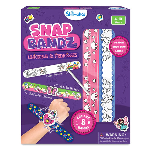Craft kit for designing unicorn and princess themed snap bracelets for kids ages 4-10