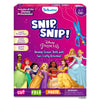 Front view of the Skillmatics “Snip, Snip!” Disney Princess activity kit box with a bright pink background. The cover shows child-safe scissors, the title “Snip, Snip!”, age range 3–7 years, and illustrated Disney Princess characters lined along the bottom. Labels highlight cutting levels for straight, curved, and zigzag lines, along with “Cut, Fold, Paste” activity icons.