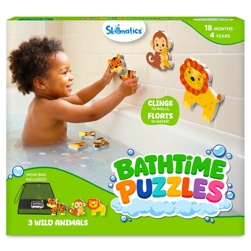Skillmatics Bathtime Puzzles product box showing a toddler playing with foam wild animal puzzles in a bathtub. The monkey, lion, and tiger puzzles cling to the tiled wall, with extra pieces floating in water. Packaging highlights 3 wild animals, mesh storage bag included, ages 18 months to 4 years, and puzzles that cling to walls and float in water.