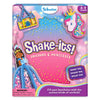 Front view of the Skillmatics “Shake-its! Unicorns & Princesses” activity kit box with a pastel pink, purple, and blue sky background. The packaging features foam shake-it designs including a unicorn head, a princess in a blue gown, and a castle, each filled with colorful confetti. Visible text includes the Skillmatics logo, age range 4–9 years, a “Make ’em, shake ’em, wear ’em” callout, and a small choking hazard warning.