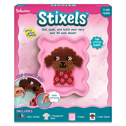 Front packaging of Skillmatics Stixels 3D wall décor craft kit for ages 7–99, showing pink box with 'Stixels' branding and a pixel-style puppy design built using cylindrical stixel pegs in a pink frame. Text highlights slot, push, build 3D decor, includes 400+ stixels, base, frame, color guide.