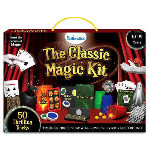 The Classic Magic Kit by Skillmatics, featuring a red velvet curtain background and a glowing magic theme. The kit includes cards, coins, cups, and tricks like ‘Red Hot Buttons,’ ‘Colour Shift,’ and ‘Coin-fusion,’ alongside a magical wand and a magician's hand. The box is designed with bold yellow and white text, highlighting '50 Thrilling Tricks' and 'Timeless Tricks That Will Leave Everybody Spellbound!' for ages 10-99 years.