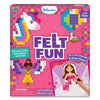 Skillmatics Felt Fun Unicorns & Princesses kit box with pink felt texture. Features pixel-art unicorn, fairy, and princess in colorful felt squares. Child completes a princess picture board in an inset photo. Mess Free, ages 3–8, and Paint-by-Color Reimagined with Felt taglines shown.