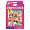 Front view of the Skillmatics Color Clingz Unicorns & Princesses activity kit in bright pink packaging. The box shows a smiling child placing transparent static stickers on a window, featuring unicorns, princesses, crowns, and fantasy icons. Text highlights “Mess Free,” “40+ Static Stickers,” ages 3–7, and step icons labeled Color, Peel, and Cling, with a safety warning at the bottom.