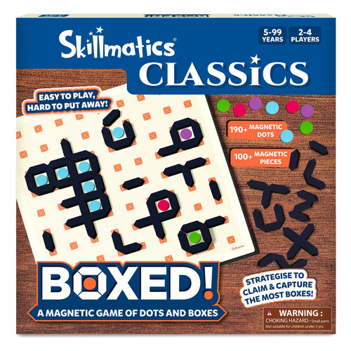 The front of the Skillmatics Boxed! game box featuring a magnetic dots and boxes puzzle game. The box is designed for ages 5–99, with the tagline “Easy to Play, Hard to Put Away.” It shows the game board with magnetic dots and pieces in different colours (purple, green, blue, and pink) along with text highlighting the contents: 190+ magnetic dots and 100+ magnetic pieces. The box also features a warning about small parts for children under 3 years.