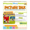 Skillmatics Picture Talk conversation card game box for ages 4-9, featuring a photo of children on a soccer field with one team celebrating a win and another showing disappointment. Packaging highlights 50 real-life photographs, 300+ guided questions, and five social-emotional learning skills.