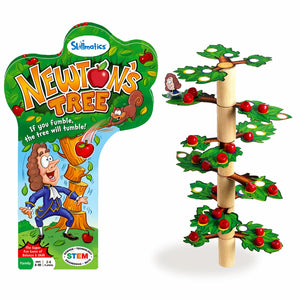 Image of Newtons Tree STEM toy for ages 6+ featuring a tree-shaped game board with apples and Isaac Newton character