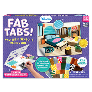 Skillmatics Fab Tabs tactile and sensory fabric art kit box for ages 4–9, featuring a bedroom scene decorated with fabric textures and patterns. The packaging shows peel-and-stick fabric pieces, highlights 75+ fabric textures, a mess-free activity format, and a creative home-design theme.