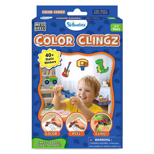 Front packaging of Skillmatics Color Clingz activity set with a blue background and playful pattern. Large text reads “Color Clingz” with a “Mess Free!” badge and age label “3–7 Years.” A child is shown smiling while holding a colored airplane sticker. Icons highlight “40+ Static Stickers” and themes like cars, sports, dinos, and more, with safety warning text at the bottom.