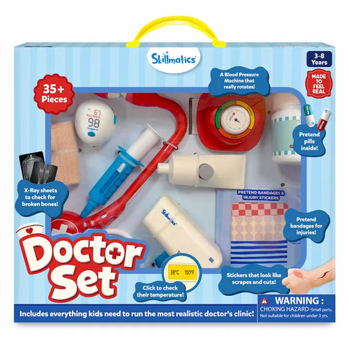 Front view of the Skillmatics Doctor Set for ages 3-8 featuring a realistic pretend play medical kit with over 35 pieces. Visible through the display window are a stethoscope, syringe, thermometer, pulse oximeter, medicine bottle, blood pressure monitor, bandages, injury stickers, and X-ray sheets.